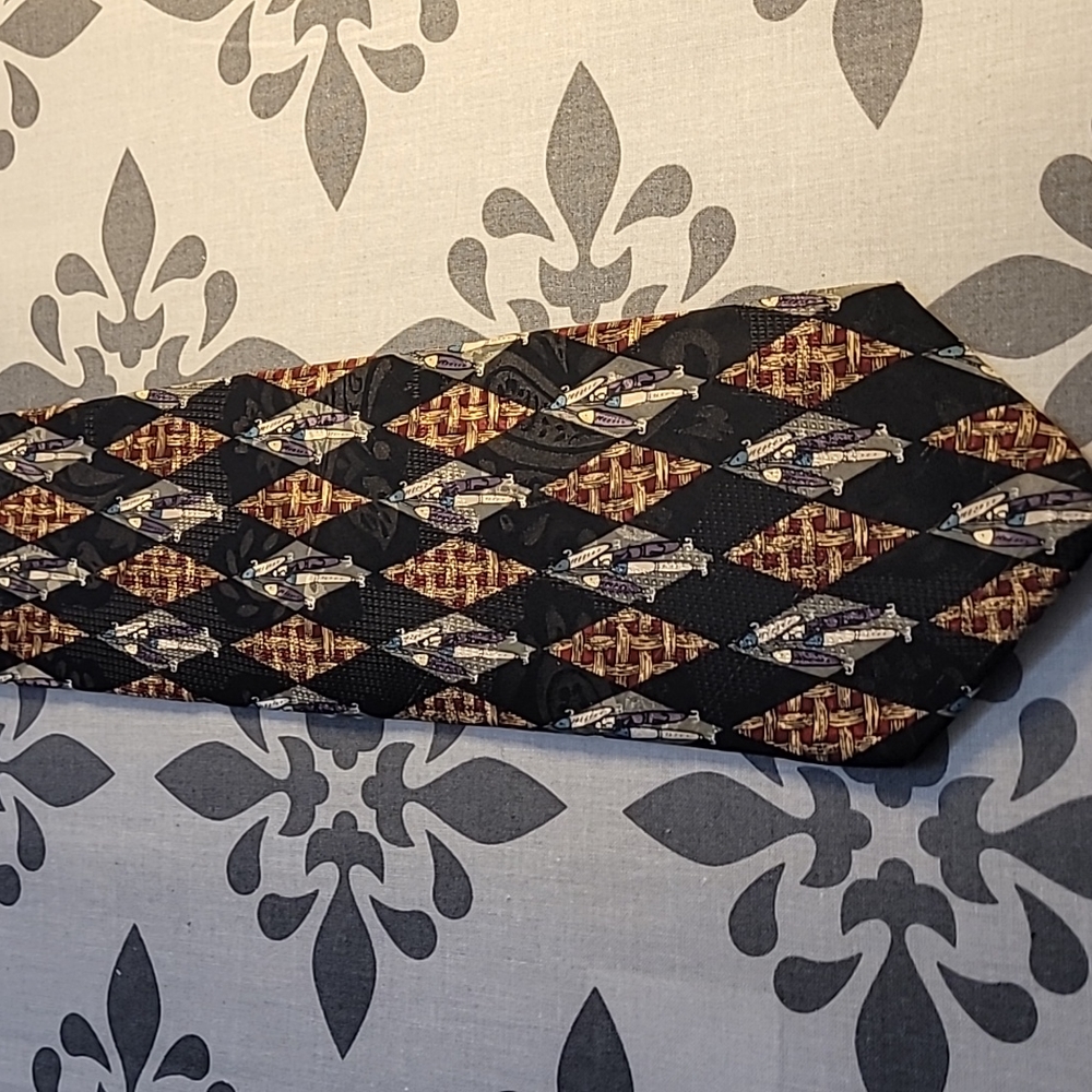Bob Timberlake Black Silk Tie with Fishing Lures.